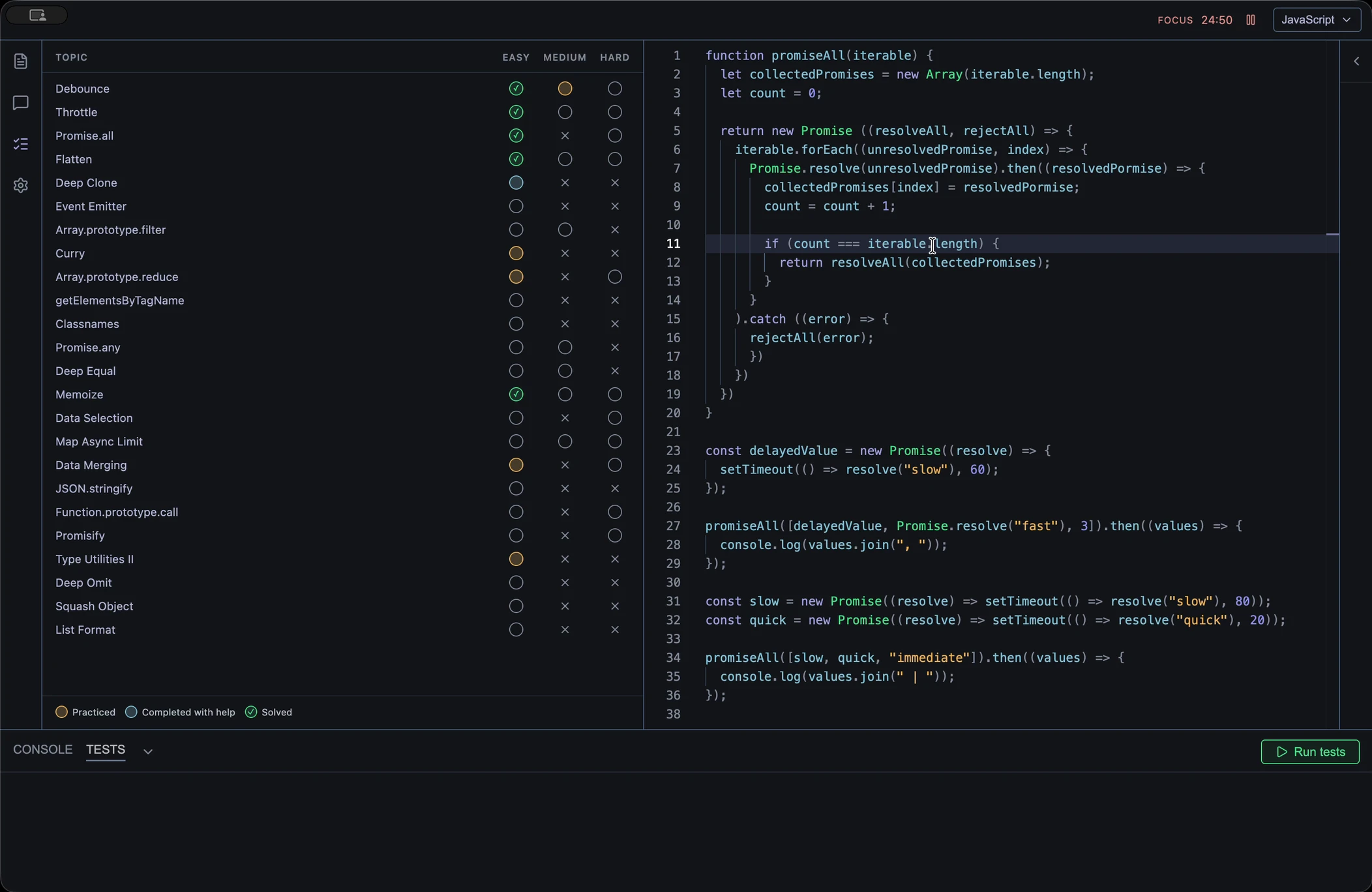 The progress panel showing each topic across easy, medium and hard