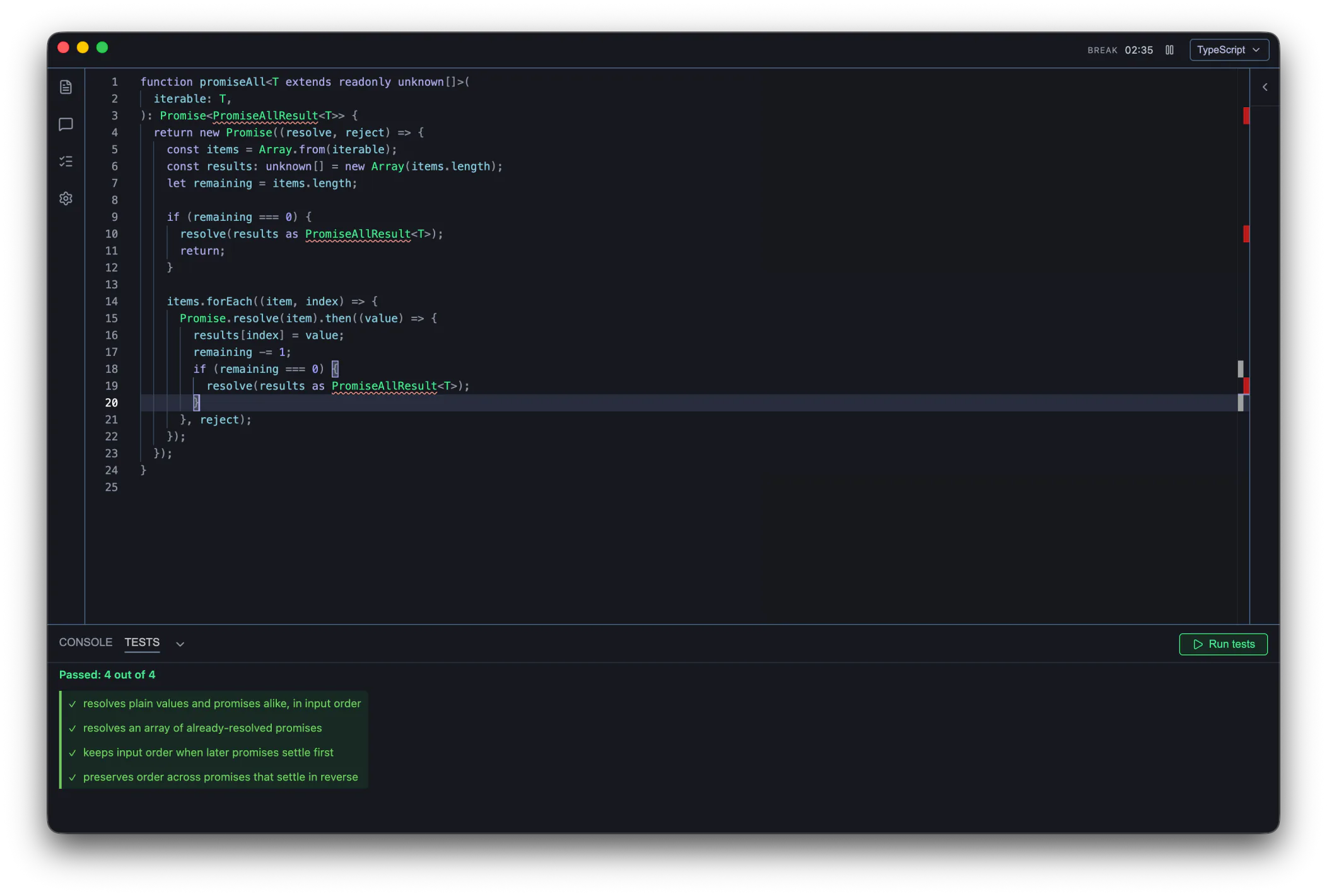 Practice Pad’s Monaco editor showing a TypeScript solution and four passing tests